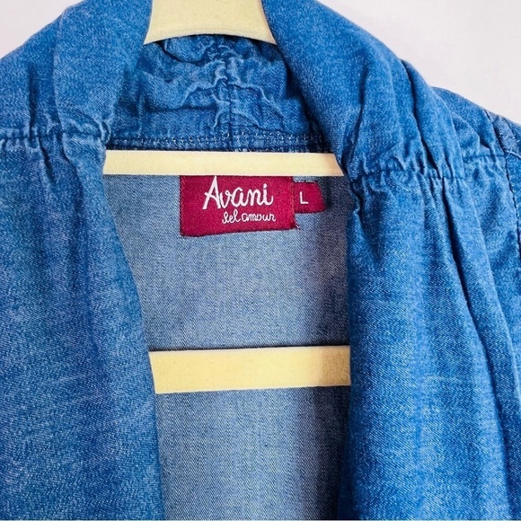 CHAMBRAY DENIM LONG JACKET PATCH POCKETS ROLL TAB SLEEVES SIZE LARGE EUC - Picture 3 of 8